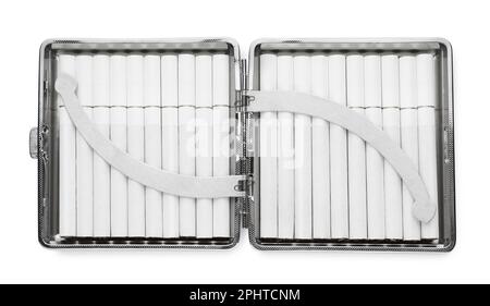 Stylish case with cigarettes isolated on white Stock Photo
