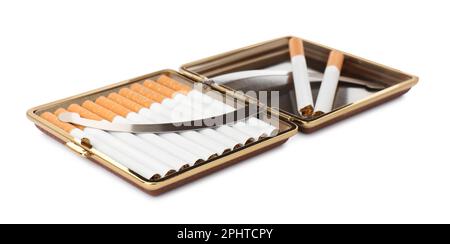 Stylish case with cigarettes isolated on white Stock Photo