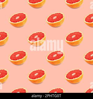 Many fresh ripe grapefruits on pink background. Seamless pattern design Stock Photo