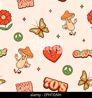 Groovy retro cartoon characters seamless pattern. Happy fly agaric mushroom, heart, flower, butterfly 70s lettering quotes for peace and love. Vector Stock Vector