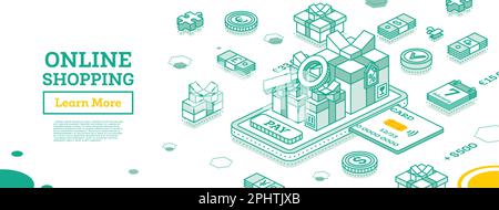 Online Shopping Concept wıth Smartphone and Gift Boxes. Isometric Outline Scene. Sale, Consumerism, Buy Online and E-commerce Concept. Search of Goods Stock Vector