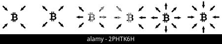 Arrows pointing to Bitcoin icon. Concept of cryptocurrency BTC importance, or selection. Version with outward and inward points Stock Vector