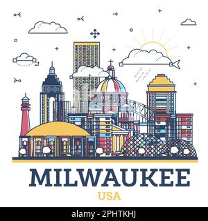 Outline Milwaukee Wisconsin City Skyline with Modern Colored Buildings Isolated on White. Vector Illustration. Milwaukee USA Cityscape with Landmarks. Stock Vector