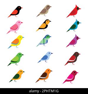 Set of colorful birds on white background. Flat style. Vector illustration. Stock Vector