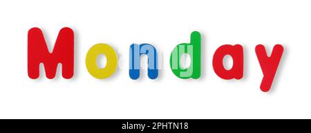 Monday word in coloured magnetic letters on white with clipping path Stock Photo