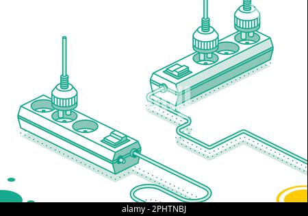 Modern Electric Extension Cord with Plug. Electrical Power Socket Strip. Vector Illustration. Isometric Outline Concept. Two Objects. Stock Vector