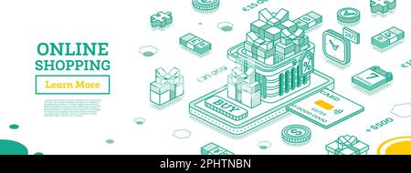 Online Shopping Concept wıth Smartphone, Basket and Gift Boxes. Isometric Outline Scene. Sale, Consumerism, Buy Online and E-commerce Concept. Stock Vector