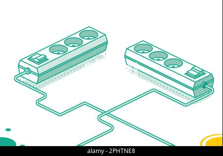 Electrical Power Socket Strip. Vector Illustration. Isometric Outline Concept. Two Objects. Modern Electric Extension Cord. Powerboard. Stock Vector