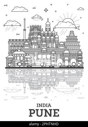 Outline Pune India City Skyline with Historic Buildings and Reflections Isolated on White. Vector Illustration. Pune Maharashtra Cityscape. Stock Vector