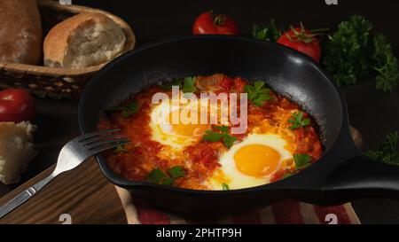 Shakshuka from two eggs in tomato sauce with fresh tomatoes, spices and herbs in a black frying pan. Close-up scrambled eggs. Stock Photo