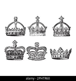 Crowns set. Hand drawn vector illustration. Isolated on white background. Stock Vector