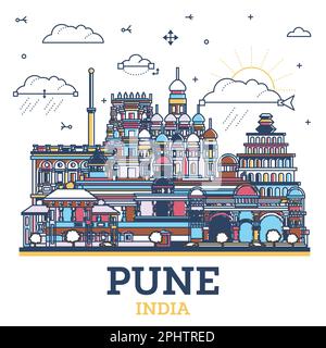 Outline Pune India City Skyline with Colored Historic Buildings Isolated on White. Vector Illustration. Pune Maharashtra Cityscape with Landmarks. Stock Vector