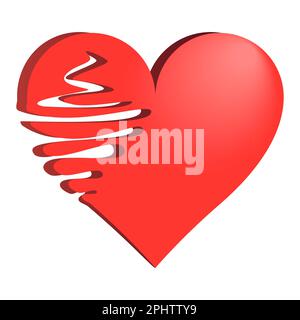 Valentine day red heart with lines in realistic style. Simple volumetric heart icon. Colorful vector illustration isolated on white background. Stock Vector