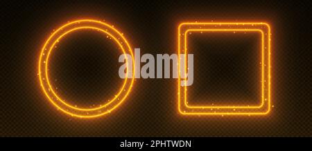 Neon frames, glowing borders with sparkles, orange led circle and square with double borders. Stock Vector