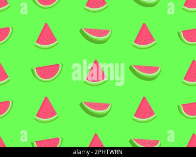 Watermelon seamless pattern in 3d style. Isometric slices of watermelon with seeds on a green background. Design for posters, wallpaper, print promoti Stock Vector