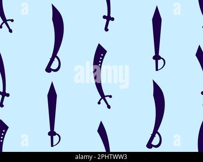 Curved swords seamless pattern. Swords silhouettes. Indian and oriental weapon, scimitar. Design of swords for posters, banners and promotional items. Stock Vector