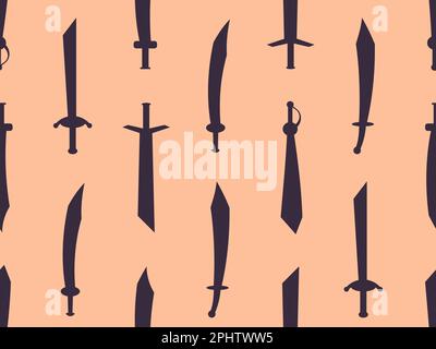 Curved swords seamless pattern. Swords silhouettes. Weapons of the Roman Empire, gladius. Design of swords for posters, banners and promotional items. Stock Vector