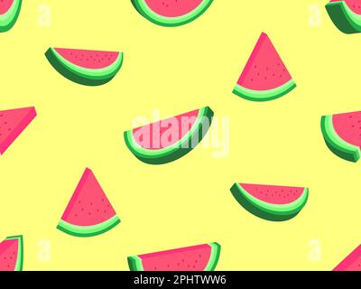 Watermelon seamless pattern in 3d style. Isometric slices of watermelon with seeds on a yellow background. Design for posters, wallpaper, print promot Stock Vector