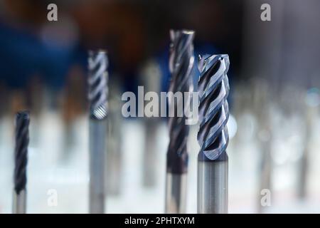 Metalwork drill bits with flat tops in hardware store macro Stock Photo