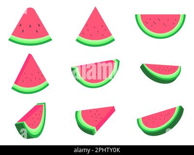 Watermelon set isolated on white background. Flat and 3d icons of watermelon slices. Watermelon with seeds. Design for printing on poster, banner and Stock Vector