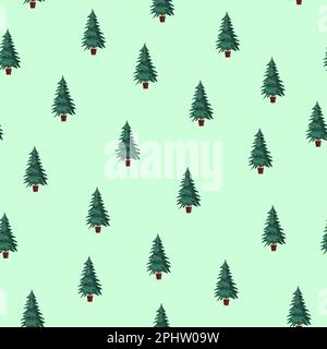 Christmas tree seamless pattern on green background. Colorful vector Illustration. Stock Vector