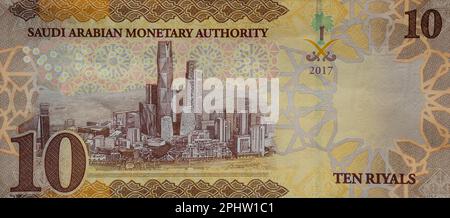 Saudi ten riyals banknote, Saudi Arabian 10 riyals money background with the photo of King Salman Stock Photo