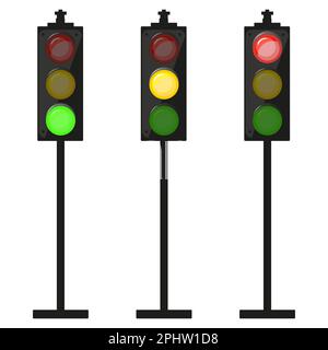 Traffic lights post. Night set in cartoon style. Red light above green and yellow in between. Colorful vector illustration isolated on white backgroun Stock Vector