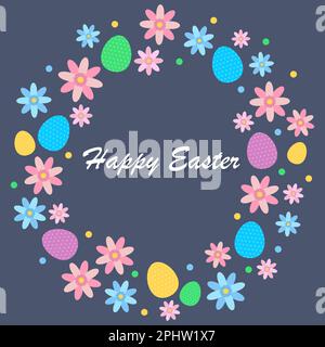 Happy easter card with lettering, flowers and eggs. Holiday vector illustration design in circular shape. Stock Vector