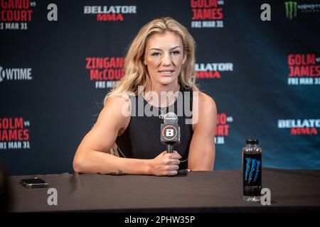 Temecula, Ca, California, USA. 29th Mar, 2023. Temecula, CA - March 28th: Leah McCourt addresses the media at Bellator 293 Golm vs James at Pechanga Resort and Casino on March 31st, 2023 in Temecula, California, USA. (Credit Image: © Matt Davies/PX Imagens via ZUMA Press Wire) EDITORIAL USAGE ONLY! Not for Commercial USAGE! Stock Photo