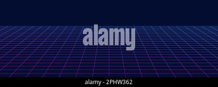 Perspective grid abstract background. Wireframe neon landscape banner in 80s style. Stock Vector