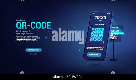 Scanning the QR code through a smartphone at the stand Stock Vector