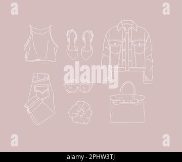 Set of clothes blouse, shoes, jacket, jeans, pants, glasses, hairpin, bag for women modern look in handdrawing style on peach background. Stock Vector