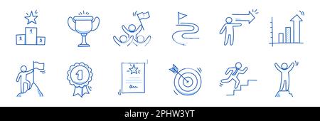 Success business career doodle icon. Success leader doodle line sketch award, certificate, trophy. Career, progress, winner concept icon. Outline editable pen stroke. Vector illustration. Stock Vector