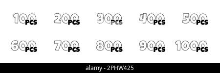 Number of pieces in package set. From 100 to 1000 pcs packaging label collection. Consecutive amount items stickers in product packing. Cartoon style outline icons. Vector isolated eps illustration Stock Vector