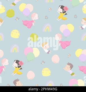 Seamless Pattern with Cartoon Happy Kids flying with Balloons in the Sky Stock Vector