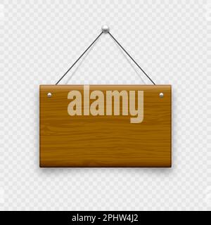 Wooden hanging signboard. Made of wood door sign for cafe, restaurant, bar or retail store. Announcement banner, information signage for business or Stock Vector