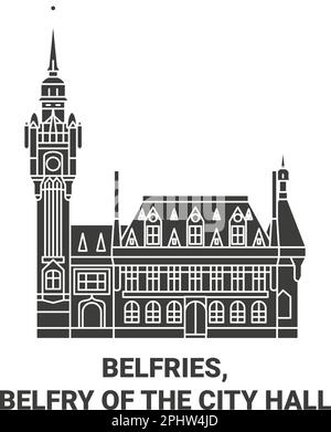 Belgium, Belfries, Belfry Of The City Hall travel landmark vector illustration Stock Vector