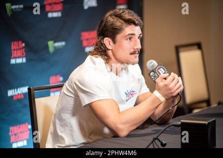 Temecula, Ca, California, USA. 29th Mar, 2023. Temecula, CA - March 28th: Aaron Jeffery addresses the media at the Bellator 293 Golm vs James at Pechanga Resort and Casino on March 31st, 2023 in Temecula, California, USA. (Credit Image: © Matt Davies/PX Imagens via ZUMA Press Wire) EDITORIAL USAGE ONLY! Not for Commercial USAGE! Stock Photo