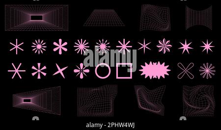 Geometry wireframe shapes and grids in neon pink color. Cyberpunk elements for your design. Vector illustration Stock Vector