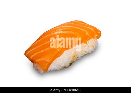 Closeup view of delicious homemade japanese salmon nigiri sushi isolated on white background with clipping path Stock Photo