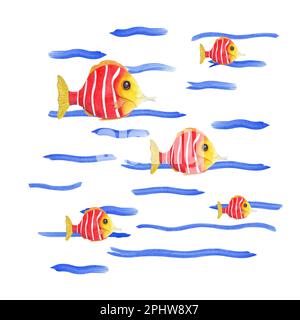 Watercolor illustration of a colored cartoon fishes isolated on white background. For print, poster, banner, background, souvenirs, decor, wallpaper Stock Photo