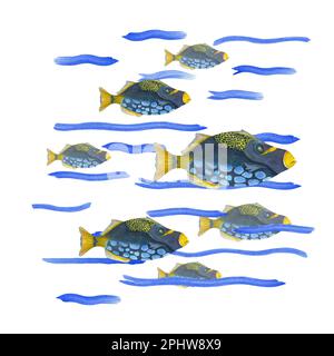 Watercolor illustration of a colored cartoon fishes isolated on white background. For print, poster, banner, background, souvenirs, decor, wallpaper Stock Photo