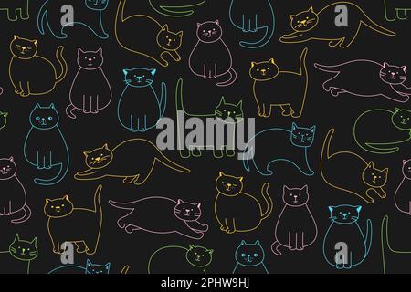 Cats cute doodle linear seamless pattern. Kitty purebred different poses outline boundless wallpaper. Cats sleeping, stretching, playing meow endless background. Kitten characters pet animals vector Stock Vector