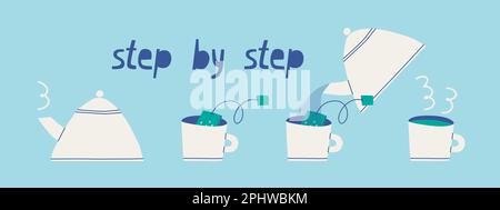 Instructions for brewing tea. How to make tea from a tea bag step by step. Cute vector illustration for design. Funny trendy style. Stock Vector