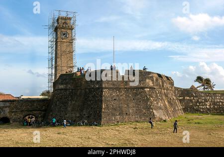 A section of the old Dutch Fort including the 1833 clock tower and Moon Bastion at Galle in southern Sri Lanka. Stock Photo