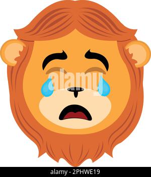 Vector illustration face of a cartoon lion with a sad expression, crying with tears in his eyes Stock Vector