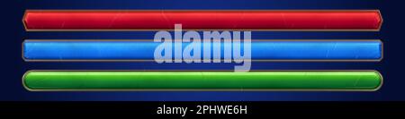 Game progress bars, banners for ui interface design. Long buttons with frame and abstract old texture. Load bars for level status show, vector cartoon Stock Vector