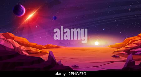 Desert landscape of Mars surface at night. Alien planet nature scene ...