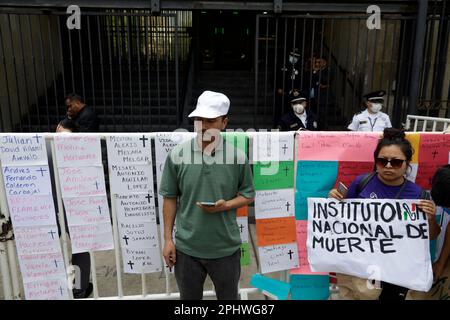 Mexico City, Mexico. 29th Mar, 2023. A group of migrants of various nationalities demand respect for their human rights at the Ministry of the Interior in Mexico City. on March 29, 2023 in Mexico City, Mexico (Credit Image: © Luis Barron/eyepix via ZUMA Press Wire) EDITORIAL USAGE ONLY! Not for Commercial USAGE! Stock Photo