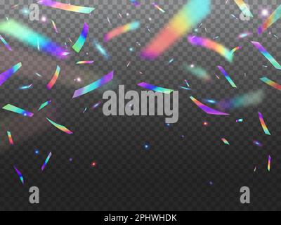Holographic falling confetti glitters with bokeh light. Vector rainbow iridescent festive tinsel with glare for holiday celebration. hologram foil fal Stock Vector